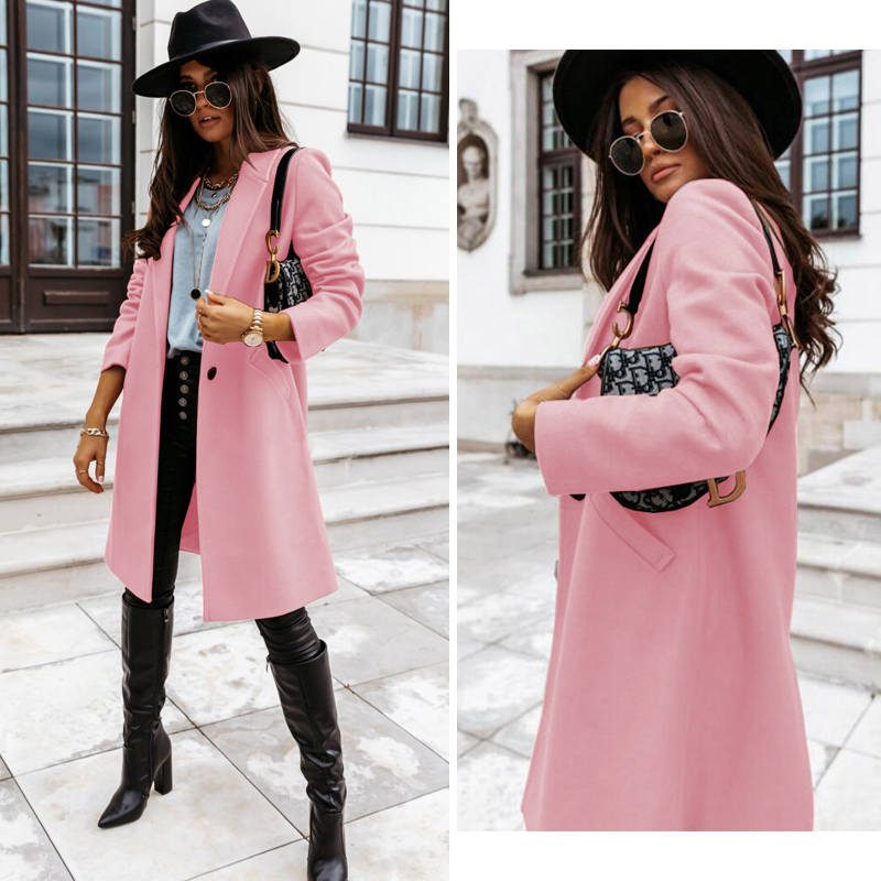 Elegant Womens Coat Lapel Solid Button Down Warm Long Outwear-Pink