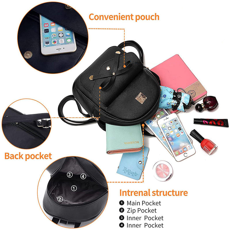 Mini Leather Backpack Purse 3-Pieces Fashion Flower Zipper Daypacks for Girls and Women-Black