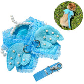 Adorable Pet Dog Harness and Leash Set with Lace Artificial Pearl Angel Wing-Blue