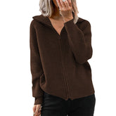 Womens Zip Up Lapel Knit Cardigan Sweaters V Neck Long Sleeve-Coffee