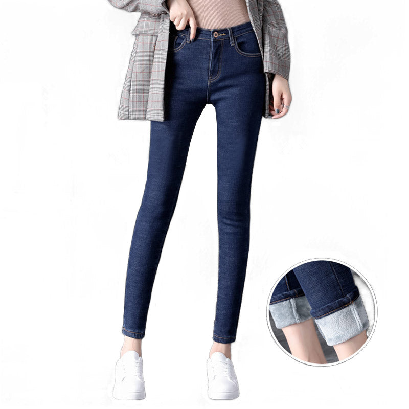 Womens Fleece Jeans with Pockets High Waist Stretch Pants-1966-Dark Blue