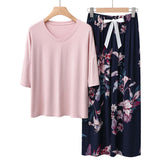 2 Pack Womens Pajama Set Print Sleepwear Soft V-Neck Short Sleeve Top With Pants-2