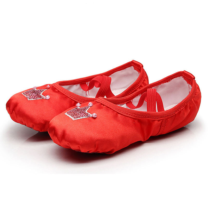 Ballet Shoes for Girls Soft Leather Satin Flat Gymnastic Shoes-Red