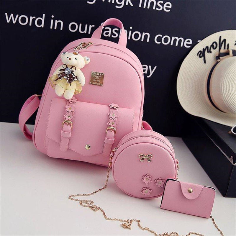 Mini Leather Backpack Purse 3-Pieces Fashion Flower Zipper Daypacks for Girls and Women-Pink