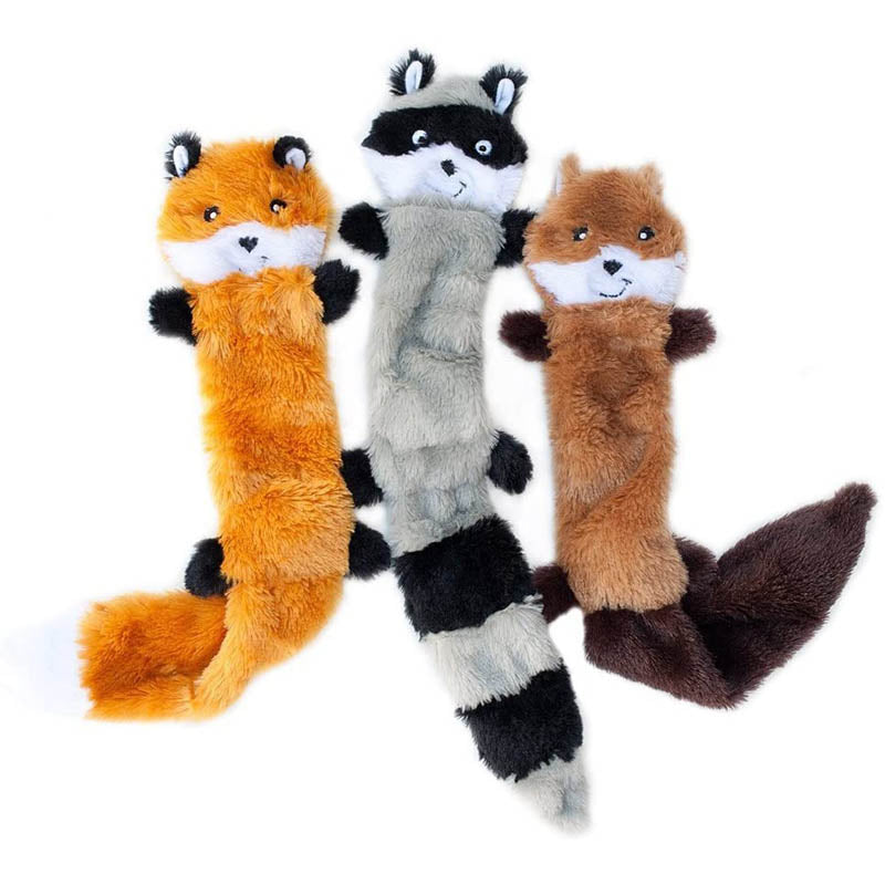 3Pcs No Stuffing Squeak Plush Dog Toy Fox Raccoon Squirrel