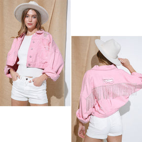 Womens Denim Jacket with Fringe Rhinestones Crop Casual Coat-Pink