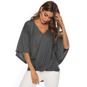 Womens Summer Ruffle Sleeve V-Neck T-Shirt Knot Tops-Grey