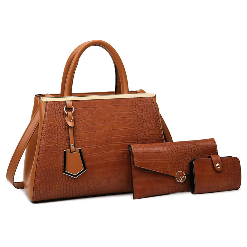 3Pcs Women Tote Bags Large Capacity Crack Design Fashion Purse-Brown