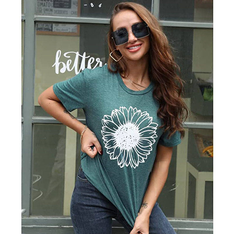 Womens Sunflower Summer Short Sleeve T-shirt Loose Casual Top-Green