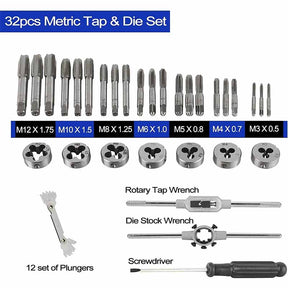 32 Pcs Tap and Die Set Metric Hardened Steel Tool for Auto and Machinery Repair