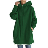 Womens Long Fleece Sweatshirt Simple Full Zip Hoodies-DarkGreen