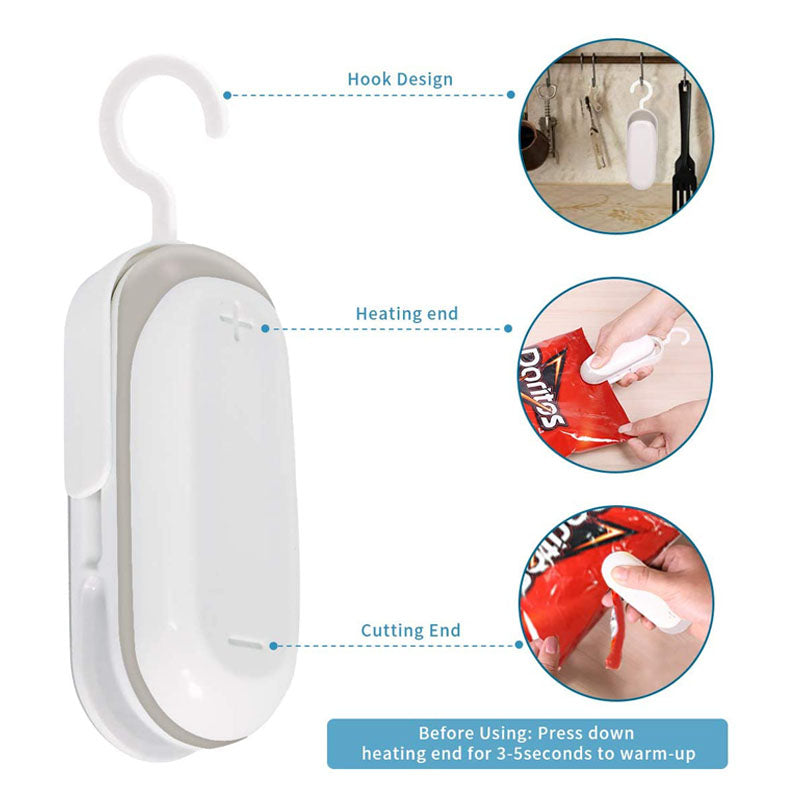 2Packs Portable Mini 2 in 1 Heat Seal and Cutter Mini Food Sealer For Plastic Bags Food Storage-White