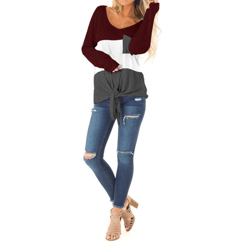 Womens Long Sleeve V-neck Autumn T-shirt Loose Top with Pockets-WineRed