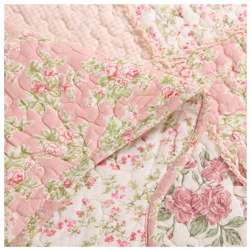 Pink Quilt Set Queen Size Floral Patchwork Quilted Bedspread for All Season