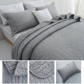 Queen Size Comforter Cover Embroidery Square Grey Quilt With 2 Pillow Cases