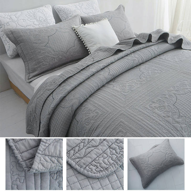 Queen Size Comforter Cover Embroidery Square Grey Quilt With 2 Pillow Cases