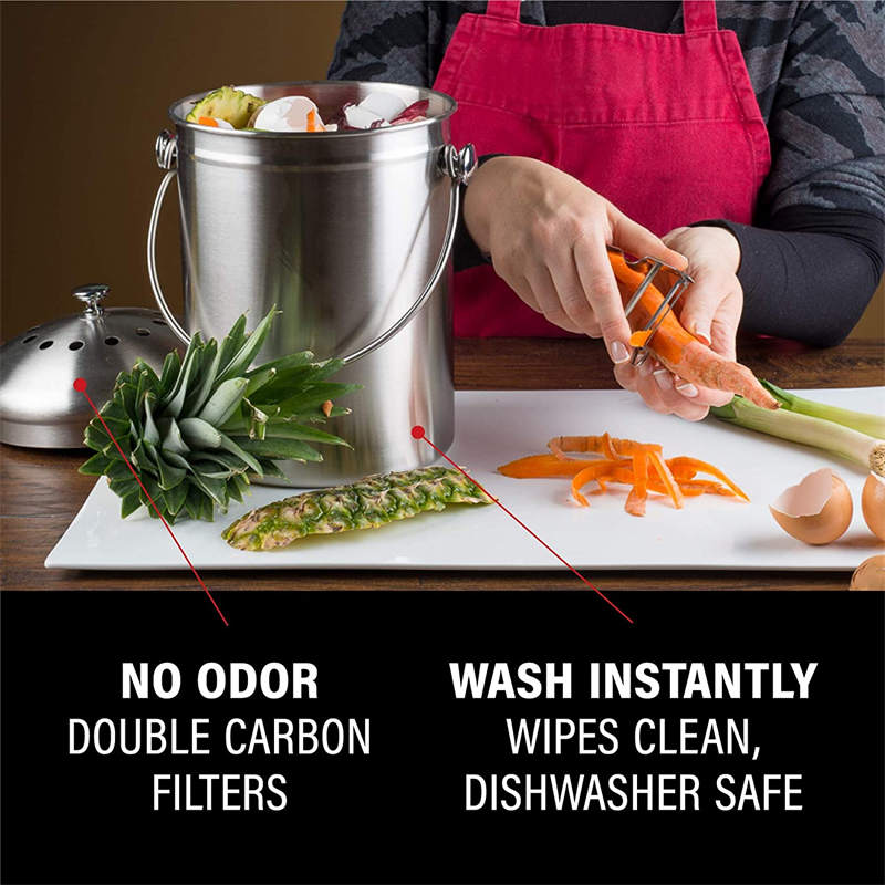 Stainless Steel Compost Bin for Kitchen Countertop Includes Charcoal Filter