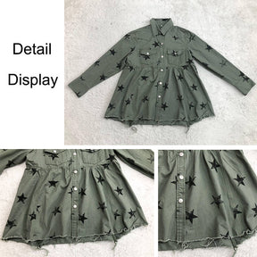 Star Print Jacket for Women Frayed Hem Distressed Denim Coat-Green