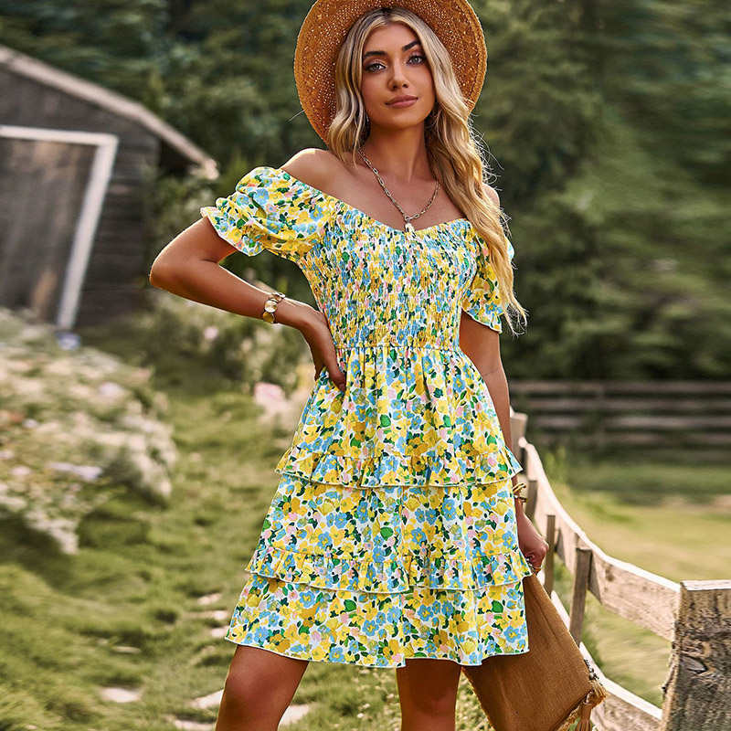 Womens Summer Dress High Waist Floral Smocked Tiered Dresses-Yellow