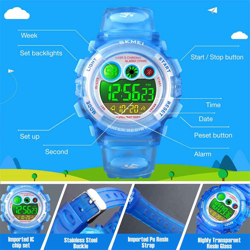 Kid Waterproof Electronic Multi Function Outdoor LED Watches-LightBlue