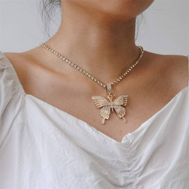 Sparkly Butterfly Rhinestone Pendant Necklaces for Women and Girls-Gold