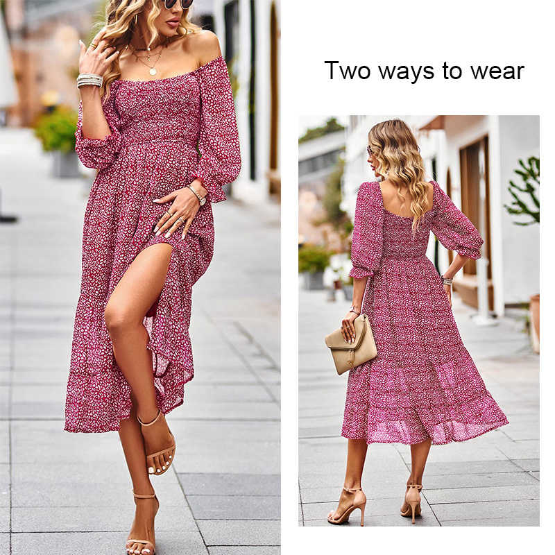 Women Casual Summer Dresses Square Neck Ruffle Floral Boho Maxi Dress-WineRed