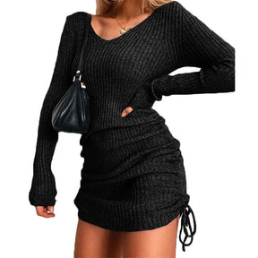 Womens Knitted V-neck Long Sleeve Slim Fit Drawstring Dress-Black