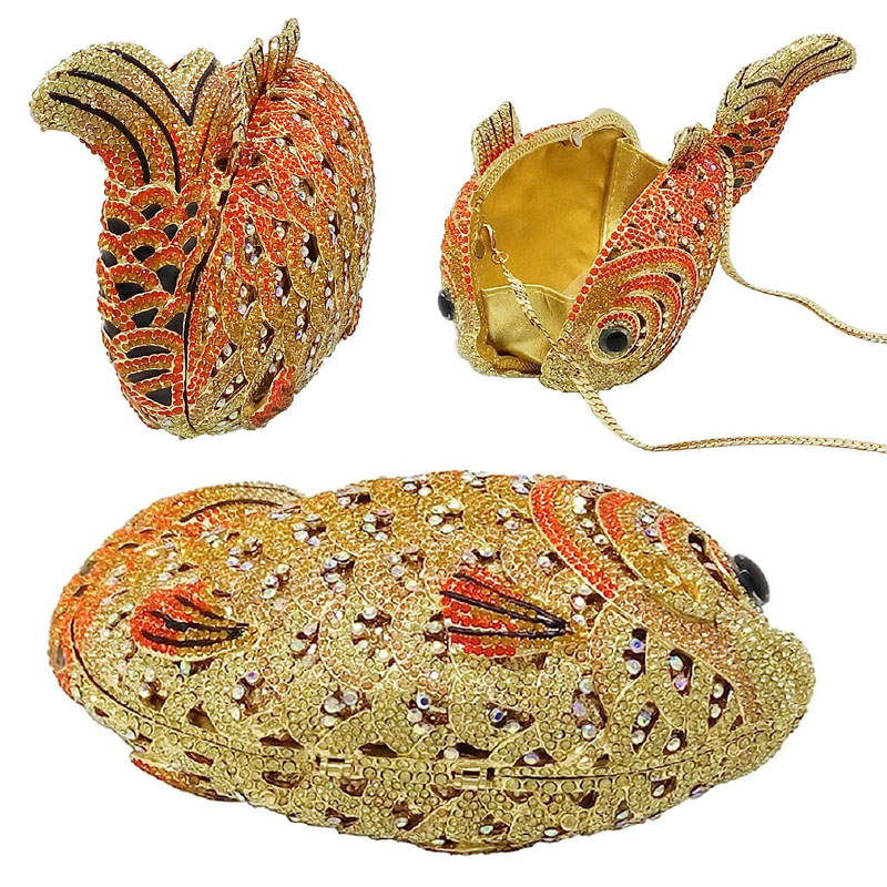 Mini Women Fish Evening Bags Crystal Clutch Purse Rhinestone Handbags with Chain-4
