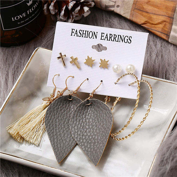 36 Pairs Fashion Tassel Earrings Set Bohemian Hoop Stud Drop Dangle Earrings Leather Leaf Earrings-A set