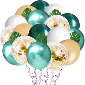 12 Inches Jungle Theme Party Balloons 50 Packs Green White Gold Latex Balloons with 10pcs Palm Leaves for Party Decorations