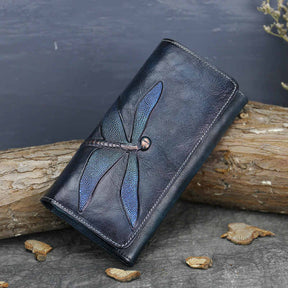 Slim Wallets for Women Embossed Dragonfly Leather Wallet Cellphone Clutch-DarkBlue