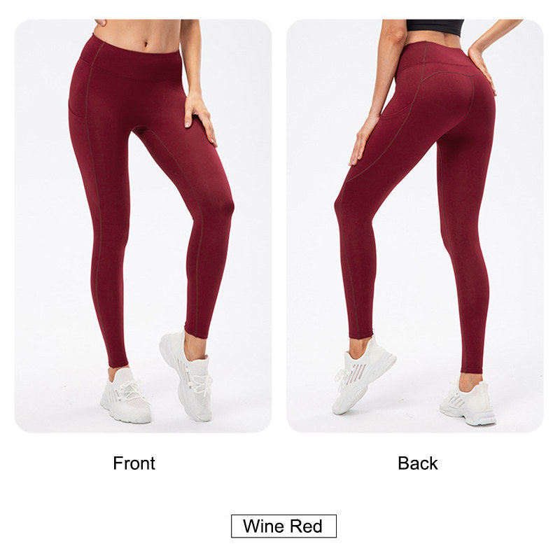 Womens Fleece Leggings with Pockets Tummy Control Thermal Yoga Pants-Red