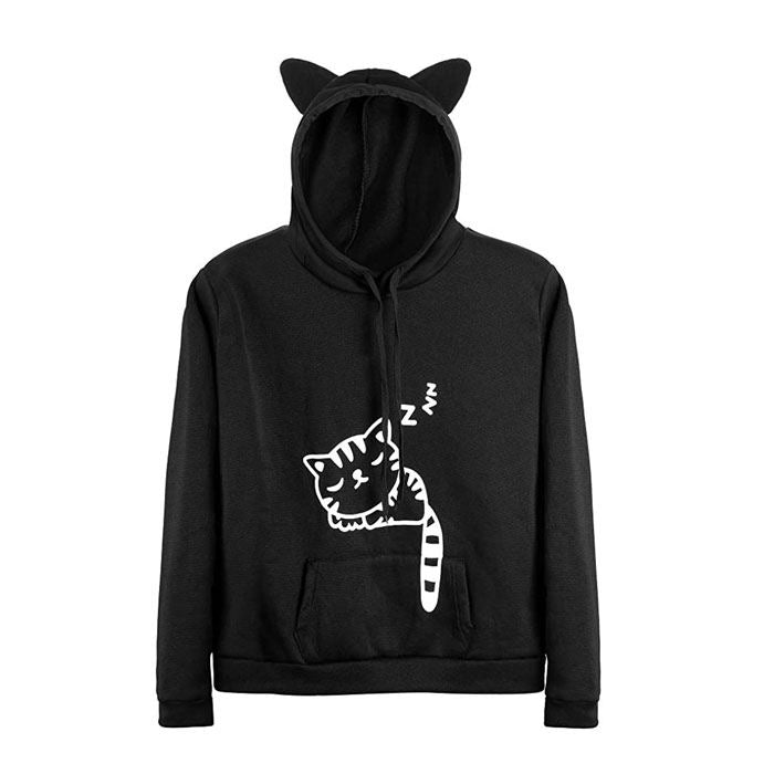 Women Teen Girls Cat Printed Hoodie Sweatshirt Cute Cat Ear Pullover Sweatshirt-Black