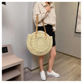 Round Straw Bag Large Woven Summer Beach Tote Handbags for Women Vacation-Beige