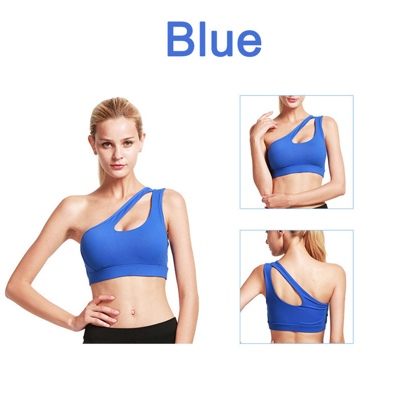 One Shoulder Sports Bra Removable Padded Sexy Cute Workout Top-Blue