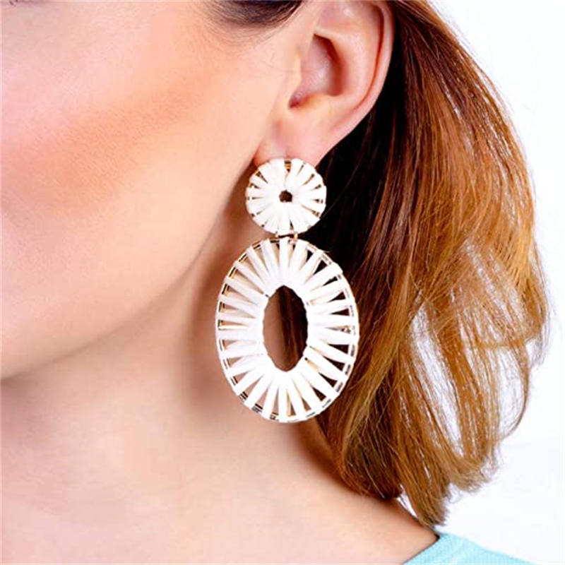 Raffia Tassel Hoop Drop Earrings for Women Girls-Pink