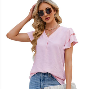 Womens Ruffle Short Sleeve Chiffon Blouses V Neck Solid Color Casual Top-Light Pink