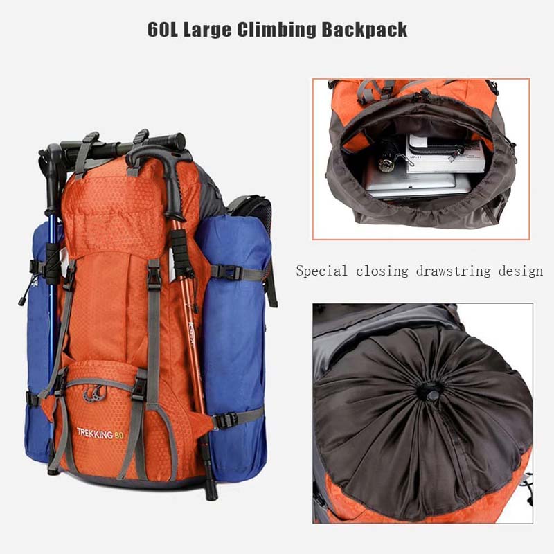 60L Waterproof Lightweight Hiking Backpack with Rain Cover for Climbing Camping-Orange