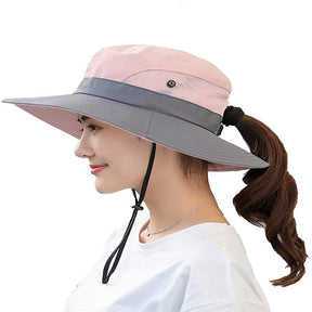 Women's UV Protection Wide Brim Sun Hat-Cool Mesh Foldable Travel Outdoor Fishing Hat-Pink+Gray