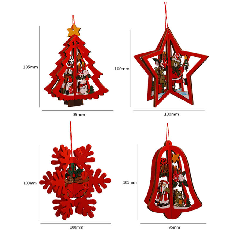 Set of 4 Wooden Hanging Ornaments 3D Snowflake Bells Star Tree Home Decorations-B