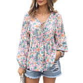 Womens Floral Ruffled Tunic Blouse Tie V Neck Casual Long Sleeve-Pink