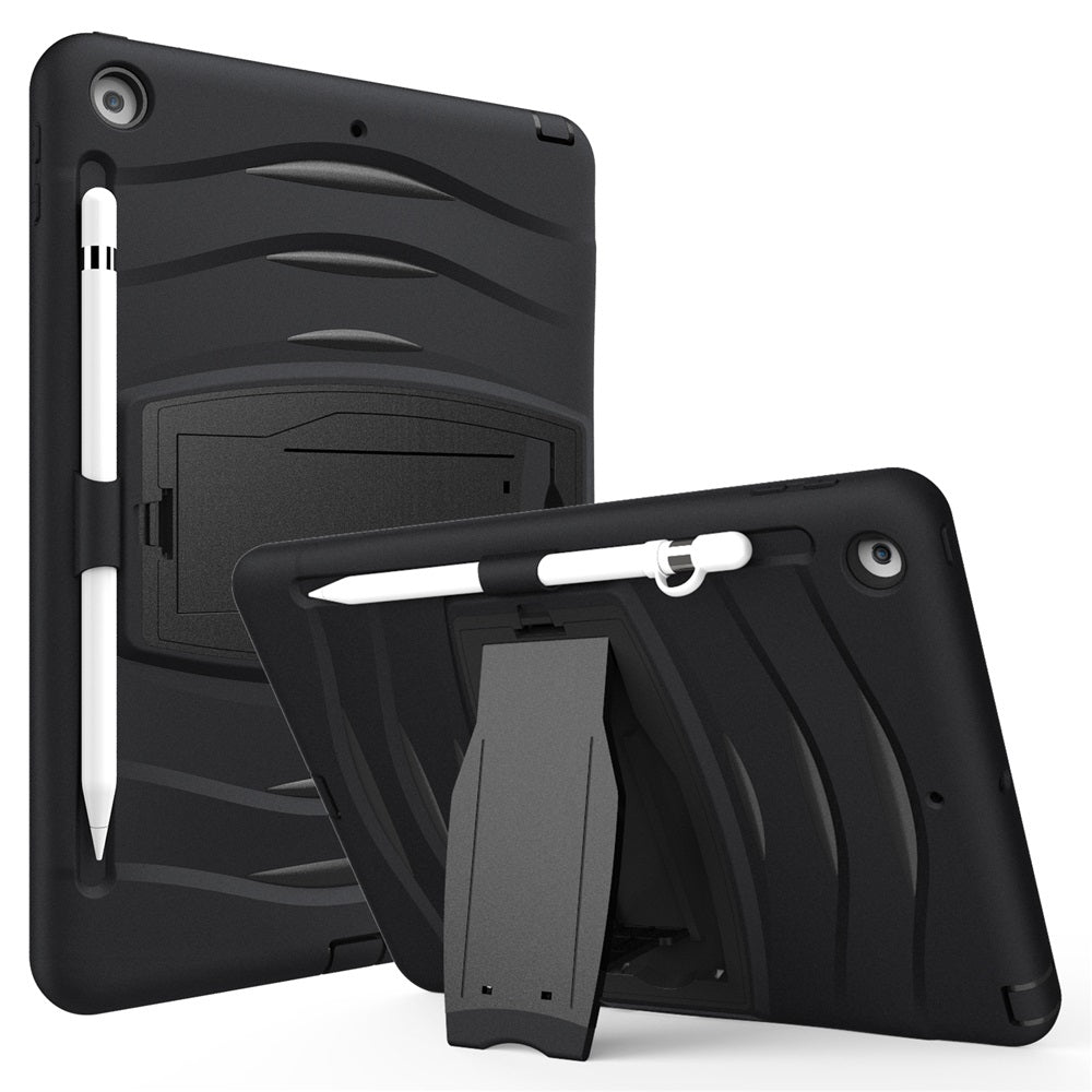 Shock Wave Kickstand Case Anti-Fall Protection With Pencil Holder+Cap For New iPad 7 10.2inch(2019)-Black