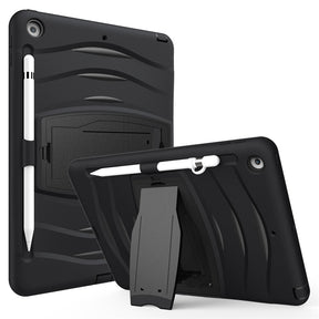 Shock Wave Kickstand Case Anti-Fall Protection With Pencil Holder+Cap For New iPad 7 10.2inch(2019)-Black