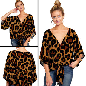 Boho Womens Blouse V Neck Tie Knot 3/4 Sleeve Summer Casual Tops-Leopard2