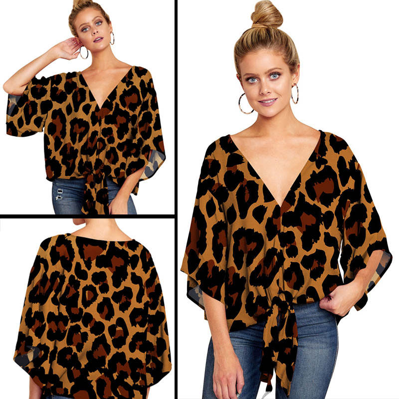 Boho Womens Blouse V Neck Tie Knot 3/4 Sleeve Summer Casual Tops-Leopard2