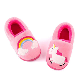 Boys Girls Warm Slippers Cartoon Kids Winter Indoor Household Shoes-Pink