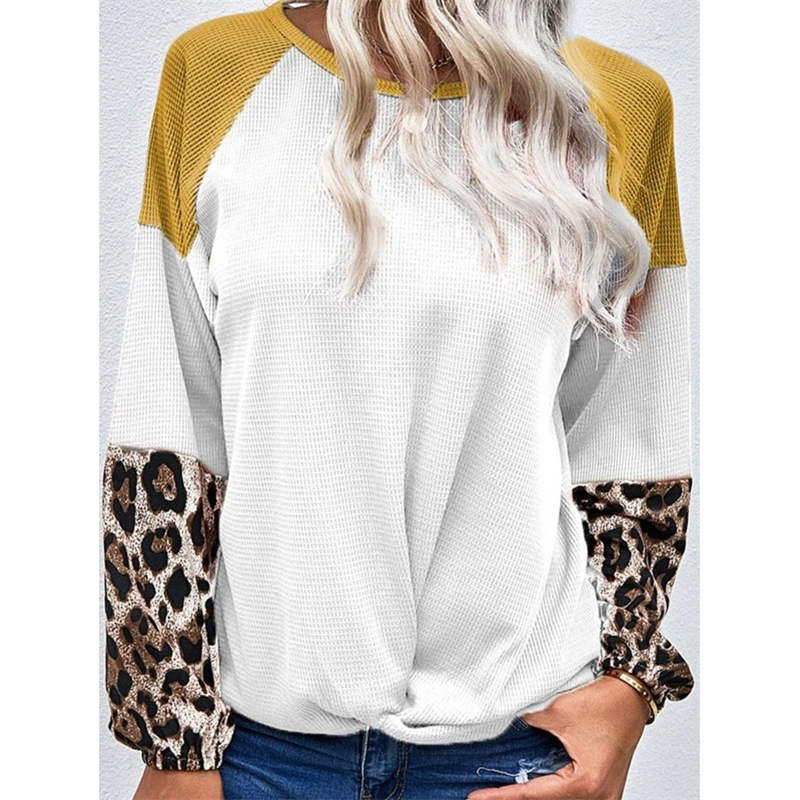 Womens Twist Knot Shirts Waffle Leopard Print Color Block Loose Fit Tops-White