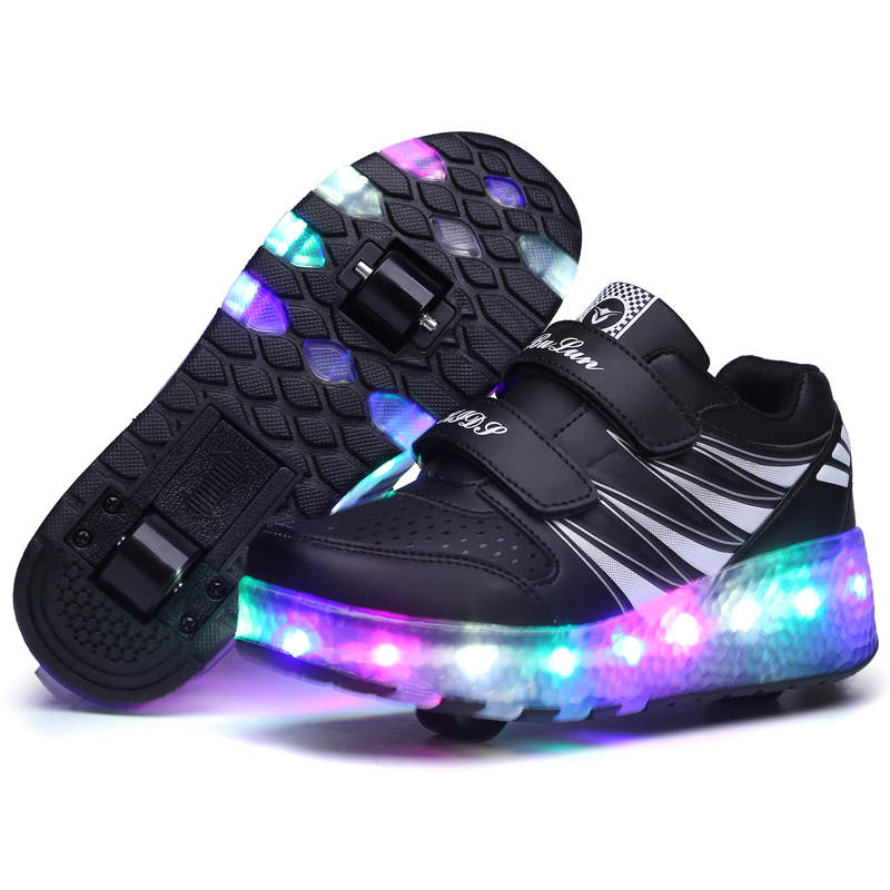 Kids Fashion Roller Shoes with Double Wheel USB Charging-Black