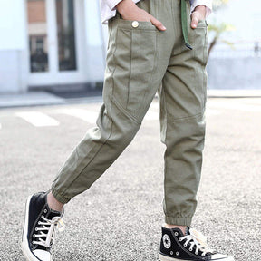 Girls Joggers Long Pants Pockets Outdoor Casual Trousers Buttons-ArmyGreen