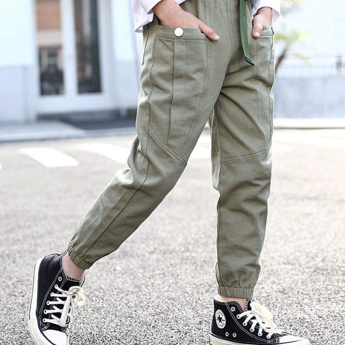 Girls Joggers Long Pants Pockets Outdoor Casual Trousers Buttons-ArmyGreen